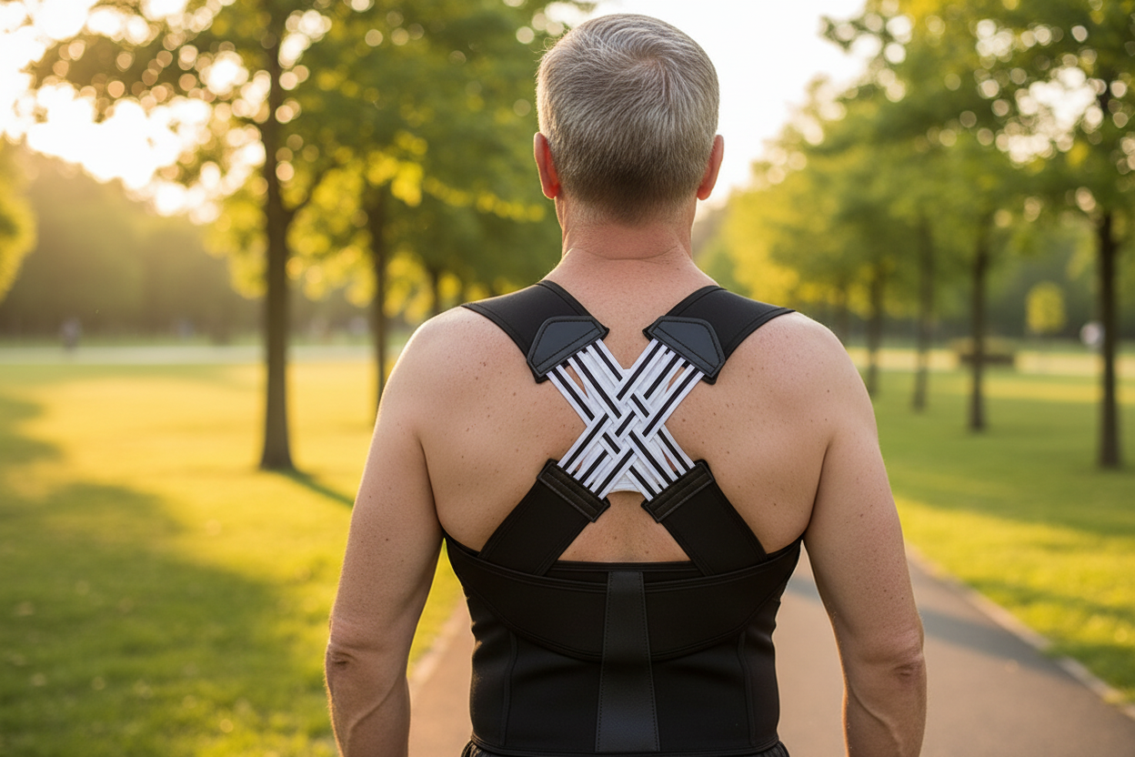 White man wearing X-cross posture belt