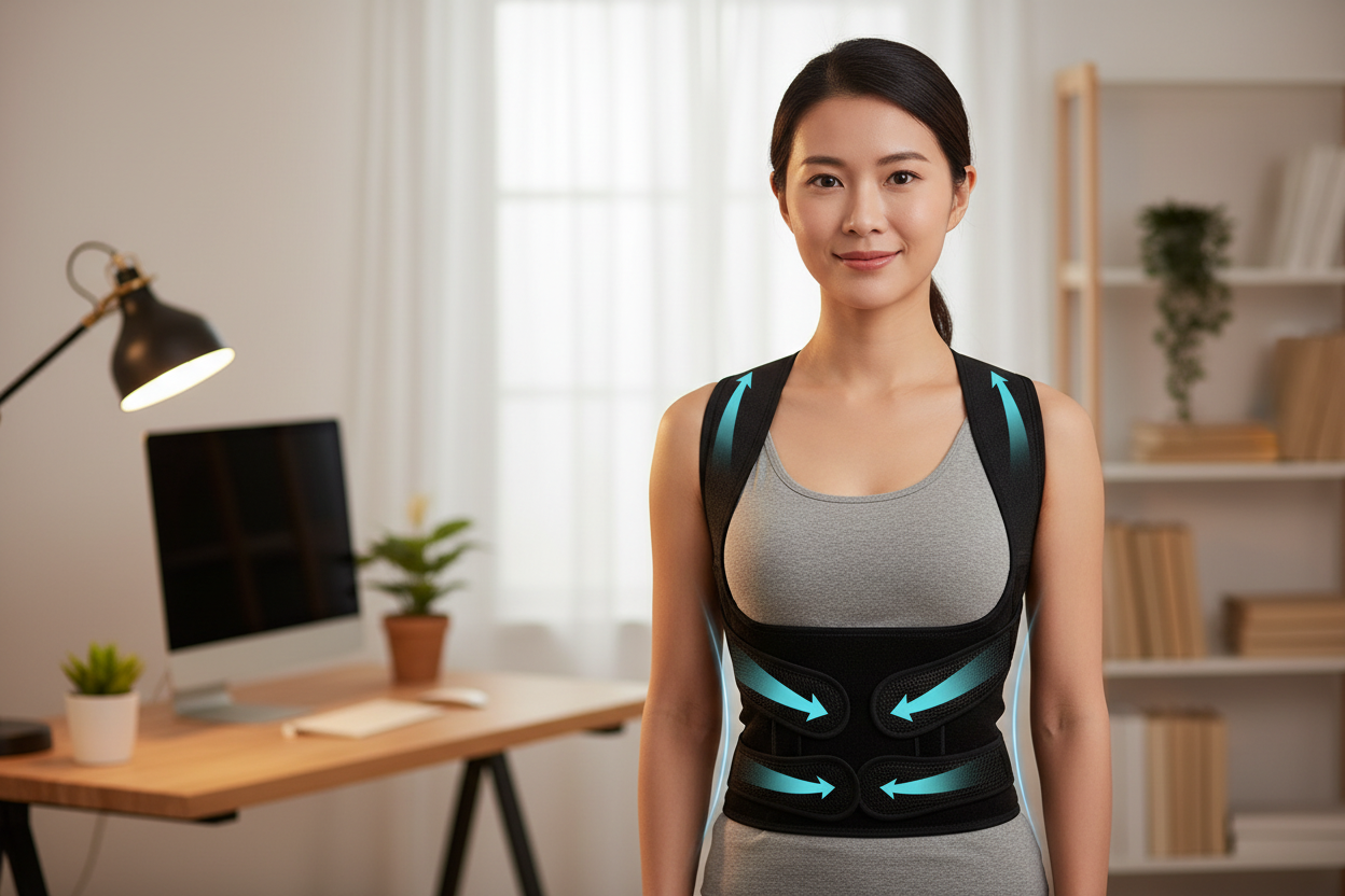Asian woman wearing full back brace