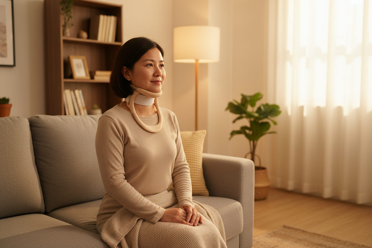 Asian woman wearing neck brace