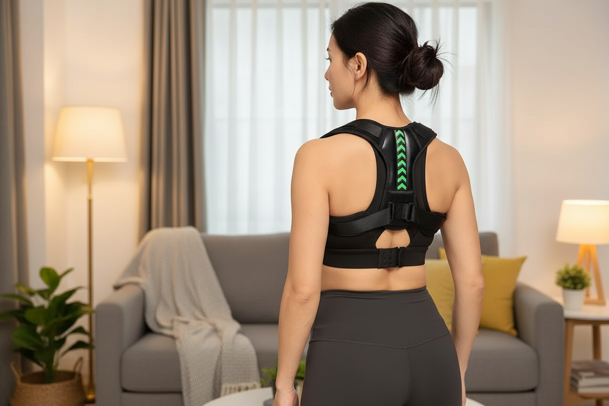 Asian woman wearing posture corrector