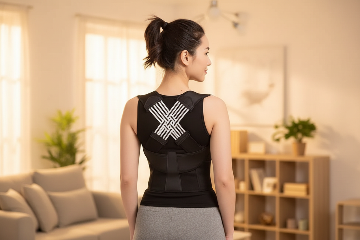 Asian woman wearing X-cross posture belt