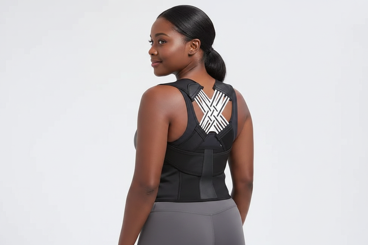 Black woman wearing X-cross posture belt