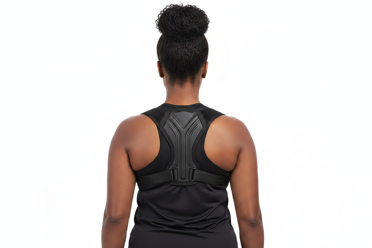 Black woman wearing Y-shaped posture corrector