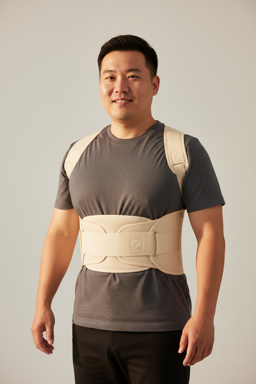Heavyset Asian man - back brace