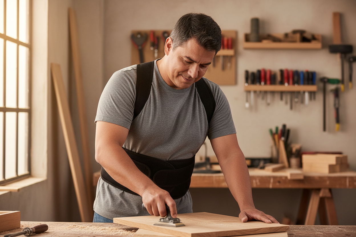 Hispanic man wearing lumbar vest