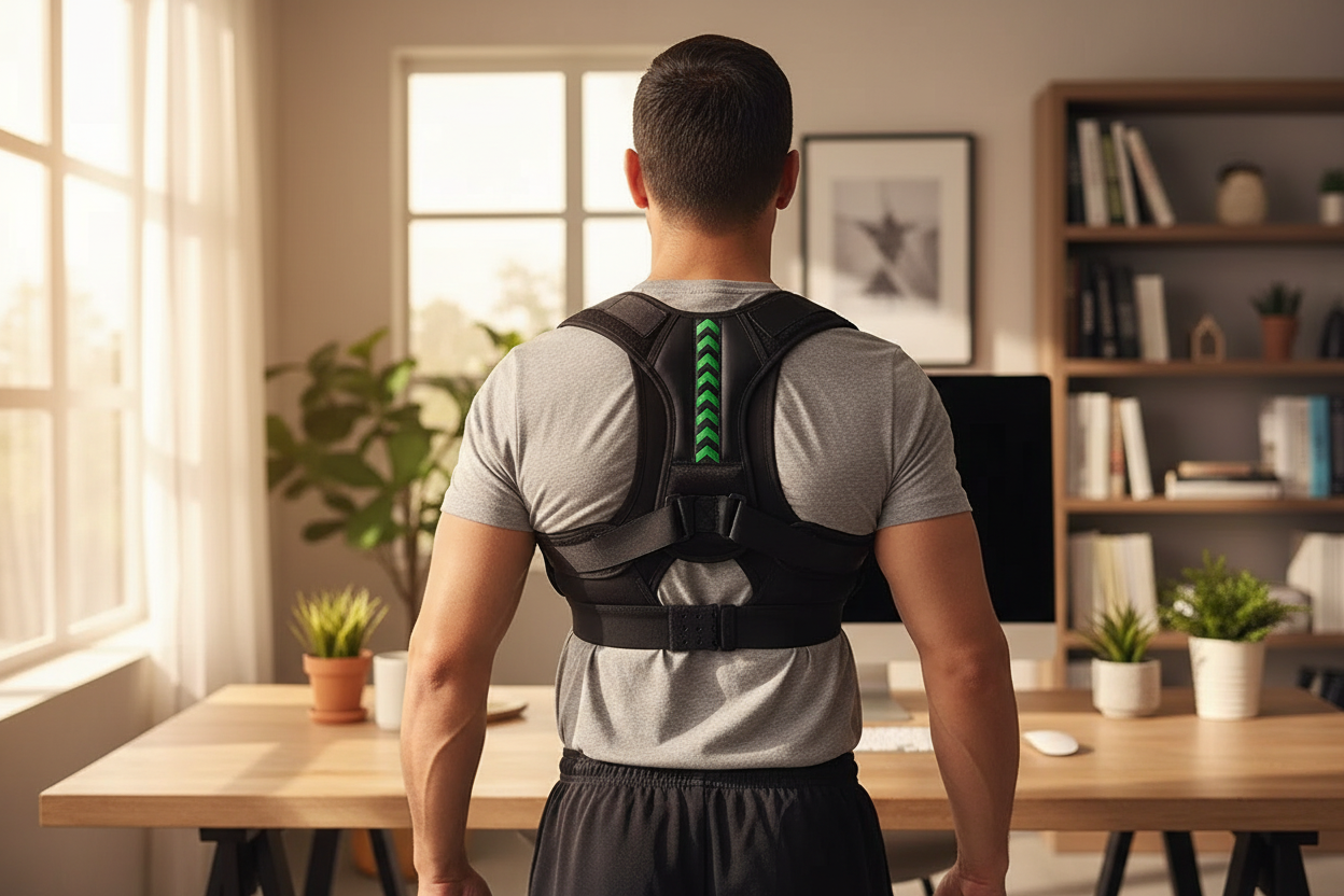 Latino man wearing posture corrector