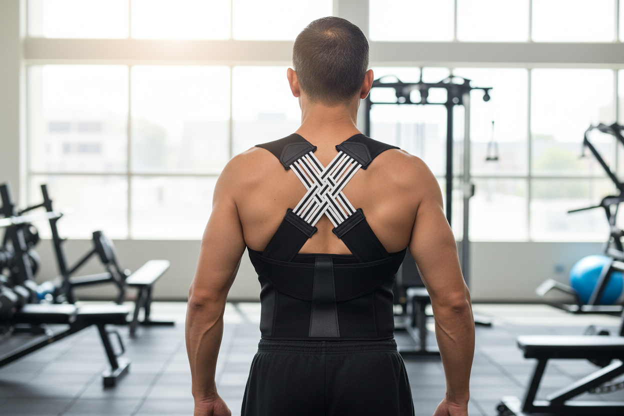 Latino man wearing X-cross posture belt