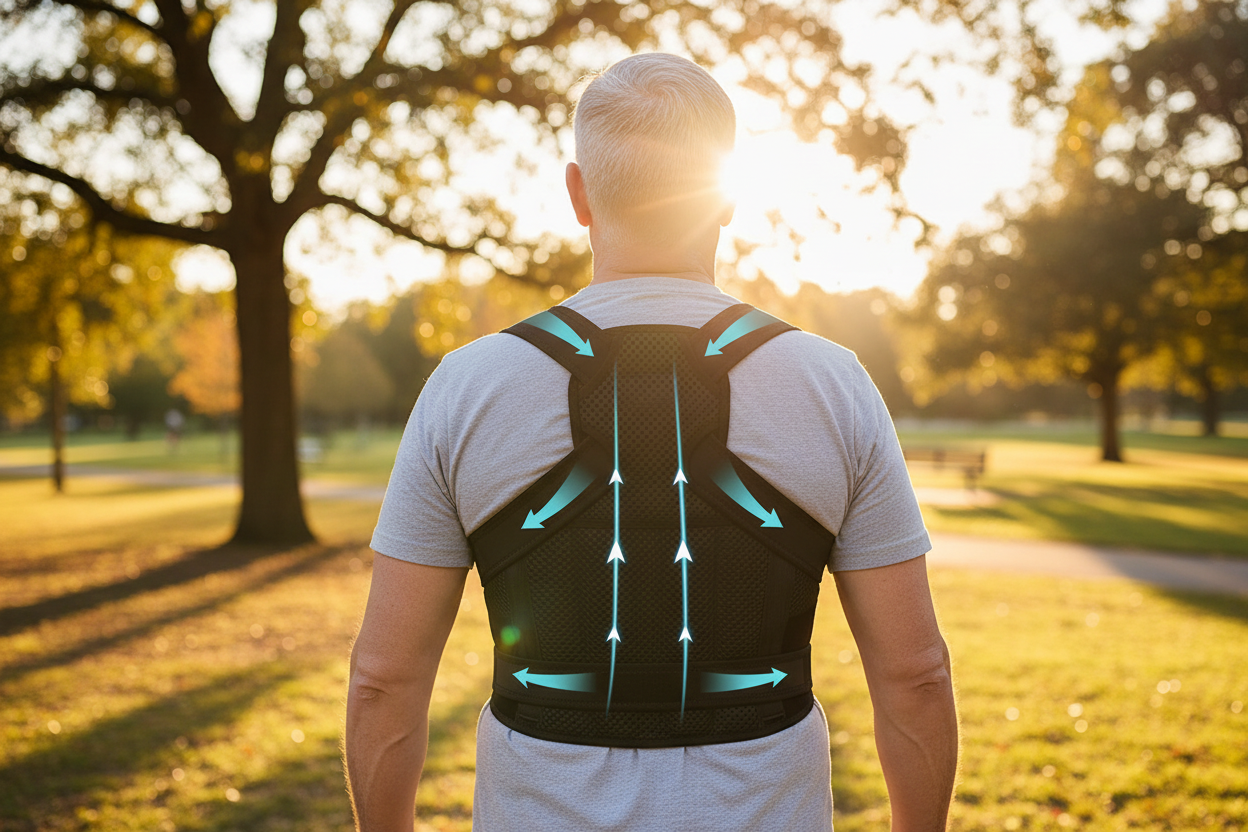 White man wearing full back brace