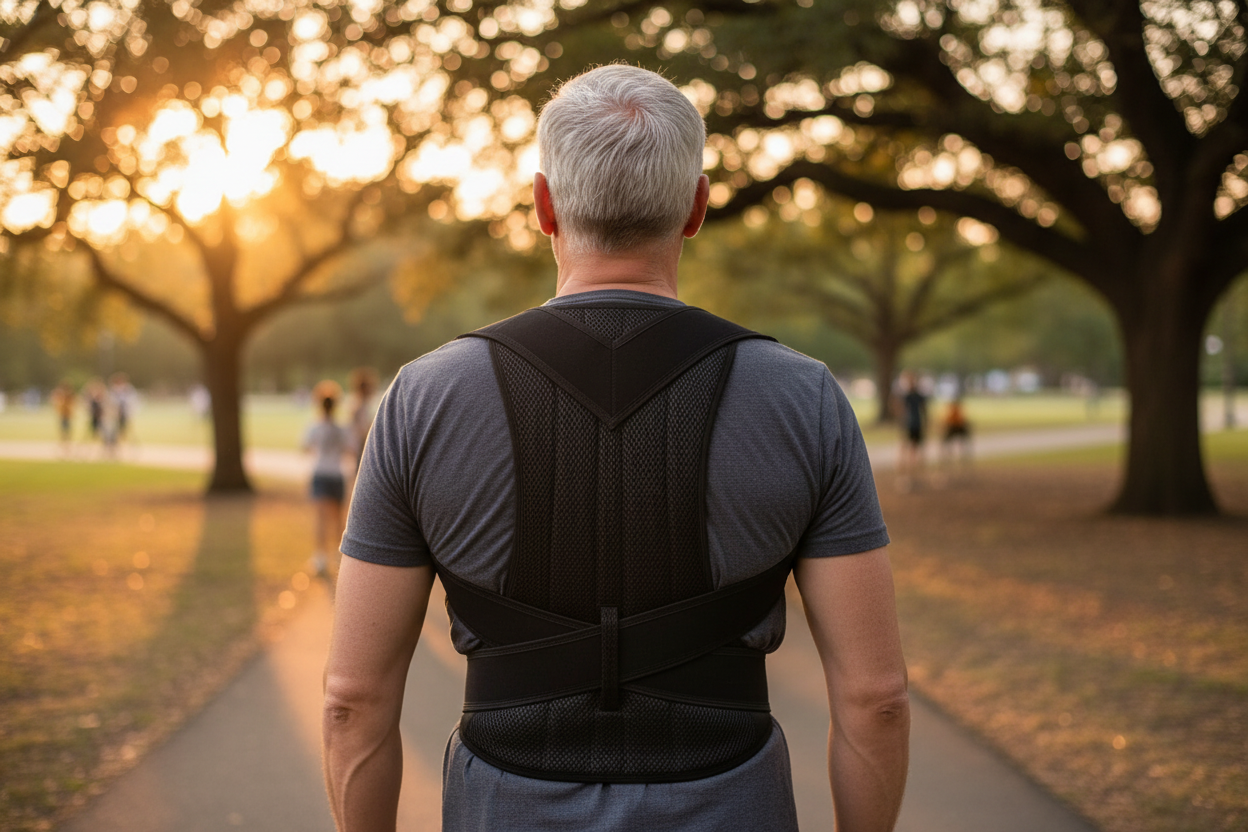 White man wearing full back brace