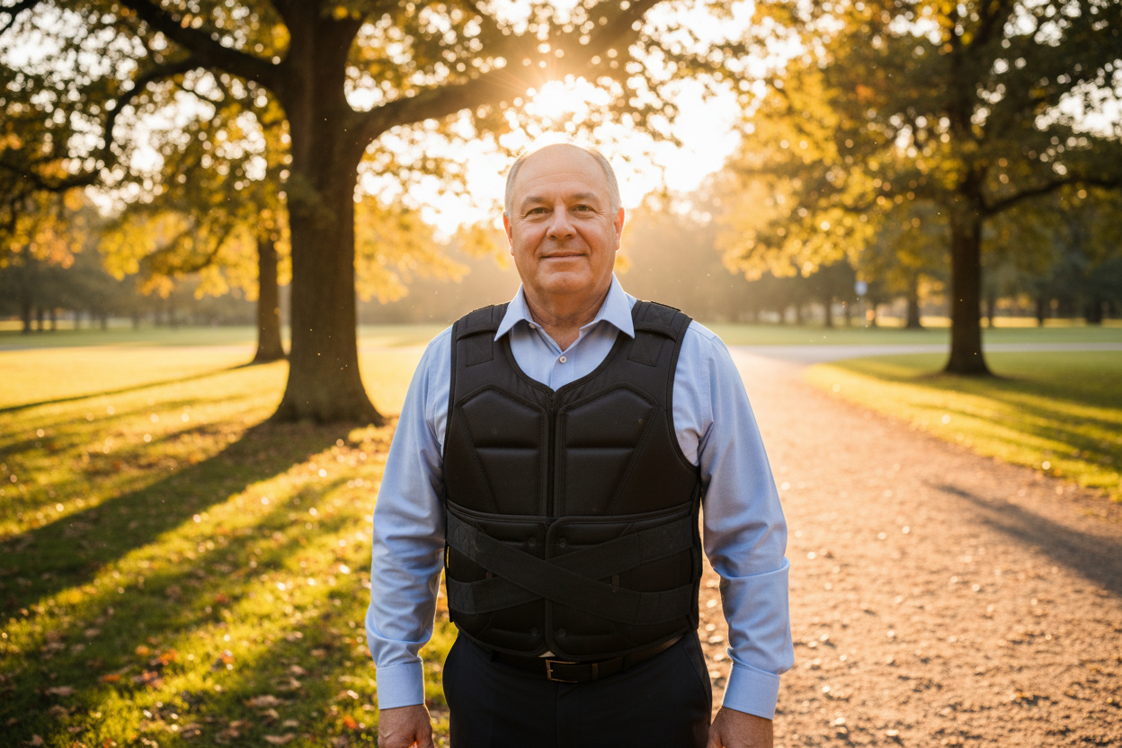 White man wearing lumbar vest