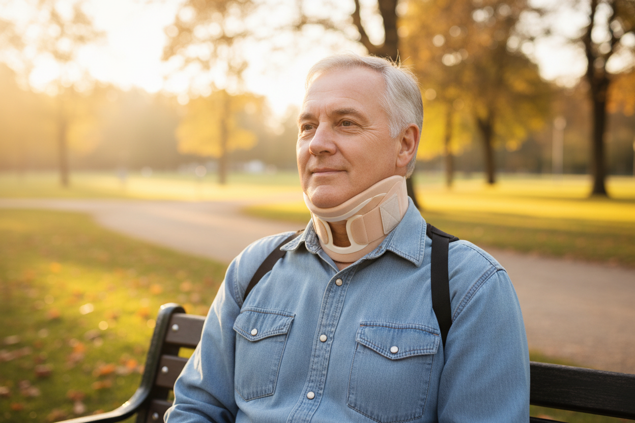 White man wearing neck brace