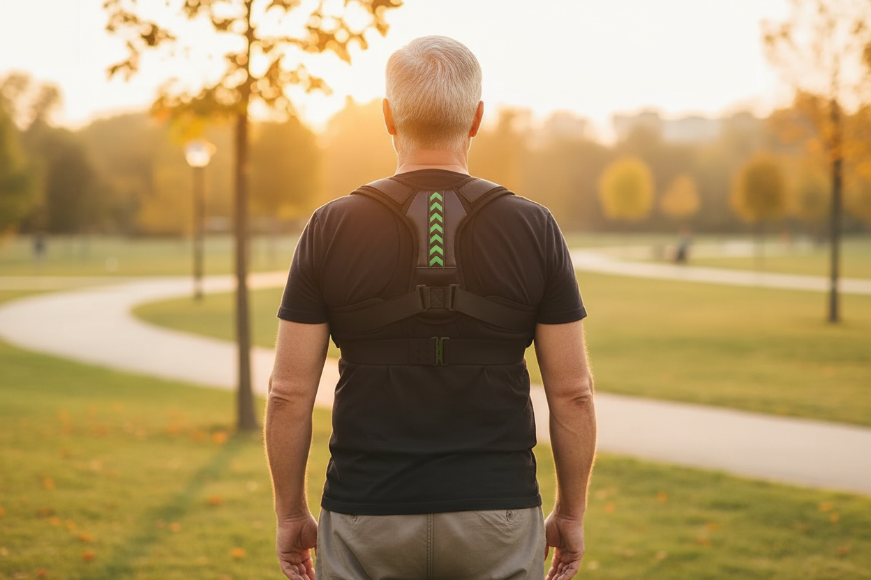 White man wearing posture corrector