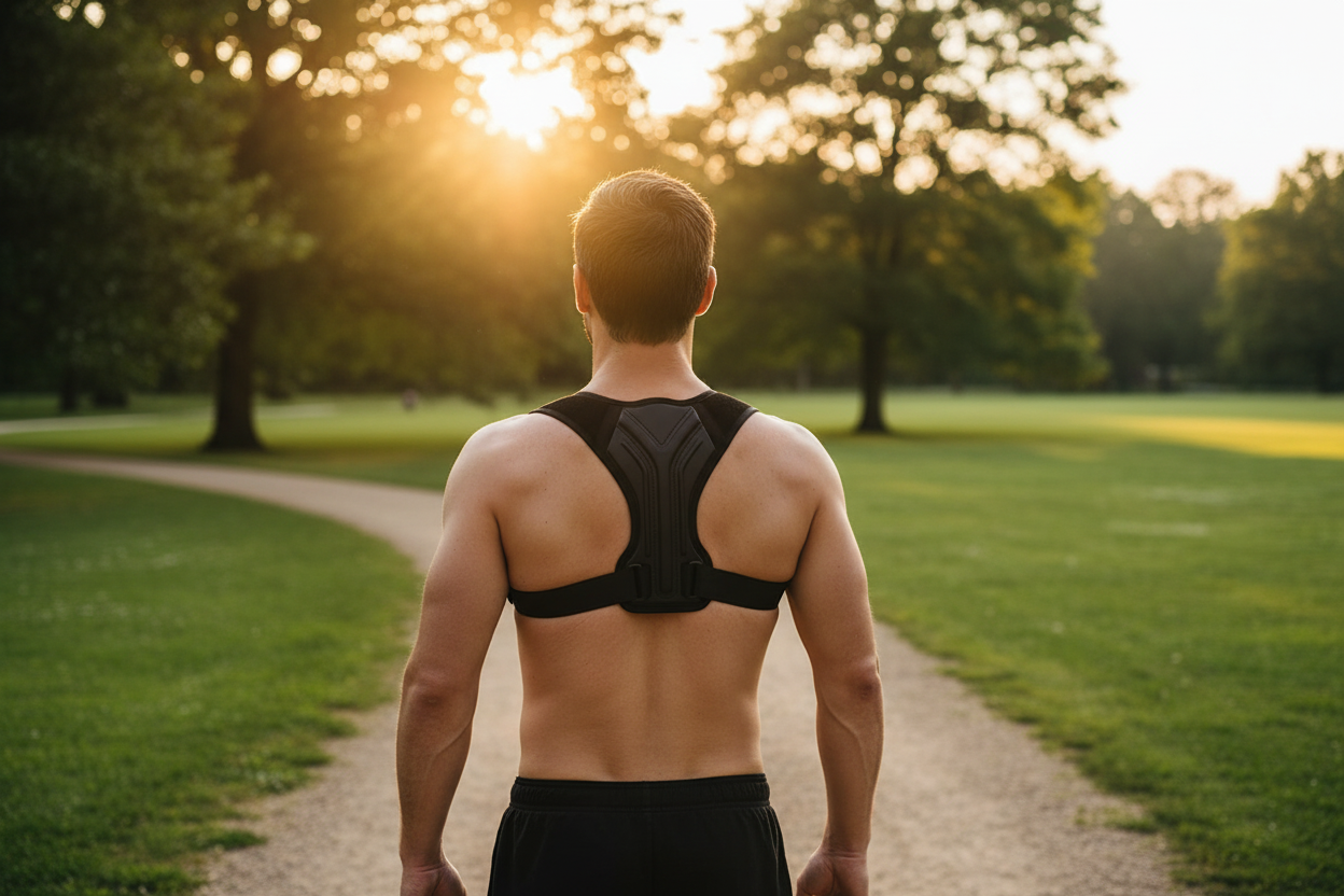 White man wearing Y-shaped posture corrector